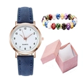 Set orologio al quarzo luminoso con cinturino in pelle blu scuro e bracciale di marmo - Blu + Bracciale + Scatola