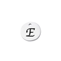 Detailed view of silver stainless steel round pendant with engraved cursive letter E - Letter E