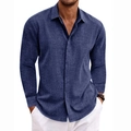 Detail of navy blue linen shirt showing the breathable fabric texture and classic collar design - Navy Blue