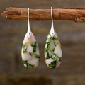 Detail of bohemian teardrop earrings with pink and green stone texture on wood - Pink Green Stone Silver Color Hook