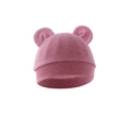 Close-up of pink knitted baby hat with cute bear ears on a clean white background - One Size / Floral Red