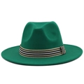 Detailed texture of forest green wool fedora hat with striped ribbon and wide brim - Grass Green