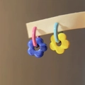 Close-up of vibrant floral earrings with pink blue and yellow contrast color design - 6# Ear Buckle-Blue Pink-Blue Yellow (Color Block Flower)
