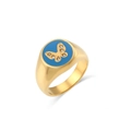 Close-up of 18K gold plated ring featuring blue enamel and zircon-studded butterfly - US 6 / Blue