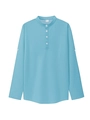 Detail of sky blue waffle knit long sleeve polo shirt with four-button neckline and roll-up sleeves - Light Blue