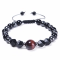 Verstellbares 10mm Tigerauge- und Hämatit-Perlenarmband mit schwarzer Kordel - Rotes Tigerauge + Schwarze Perlen + Hämatit