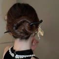 Elegant black wooden hair stick with a golden fish pendant for bun hairstyles - Hairpin #111 - Black - Gold