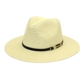 Detail of wide brim straw panama hat with black leather band and gold buckle - M (56-58cm) / Cream
