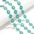Sky blue and yellow daisy flower link chain crafted with silver stainless steel metal - Price per Meter / Steel-Blue