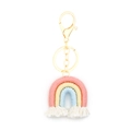 Pink yellow and blue woven cotton rainbow keychain with beige tassel and gold clip - Deep Pink