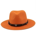 Cappello Panama in paglia intrecciata arancione con fascia in pelle marrone e fibbia in metallo - M (56-58cm) / Arancione