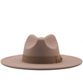 Classic wide-brim wool felt jazz fedora hat in dusty pink with dark brown ribbon trim - M (56-58cm) / Light Purple Grey