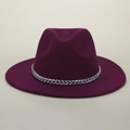 Deep purple wool fedora hat with a silver metal chain trim for a stylish vintage look - M (56-58cm) / Burgundy