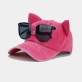 Dettaglio cappello in pelle scamosciata rosa con orecchie da gatto 3D e occhiali - Regolabile / Rosa Rosso