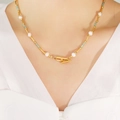 Elegant OT buckle necklace with freshwater pearls and green aventurine stone - Gold (42cm)