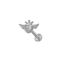 Silver heart labret stud with wings and crown featuring a clear sparkling gemstone - Silver Crown Wing Heart / Silver