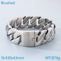 Heavy brushed stainless steel cuban link necklace with matte silver finish and wide chain - Steel Color 43cm (KN289064-KJX)