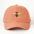 Pink adjustable cotton baseball cap with minimalist bee embroidery and curved brim - Orange