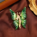 Vintage gold butterfly fairy brooch with green enamel wings and crystals on brown satin - Emerald Series-Green Butterfly Fairy