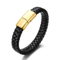 Men's braided black leather bracelet featuring a polished gold magnetic metal clasp - Gold-plated Shiny Buckle 21cm (black Leather Cord)