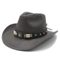 Dark brown straw cowboy hat with turquoise star badge and beaded leather band - M (56-58cm) / Black and Gray