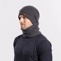 Dark grey winter knit beanie and neck warmer set for men with mountain leather patch - 3-Piece Set - Grey