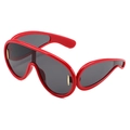 Oversized one-piece red wrap sunglasses with dark lenses and gold metal accents - Red Frame Grey Lens