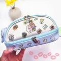 Cute large capacity pencil case with double zippers and blue checkered bow decor - Blue Double Layer Bowknot Style