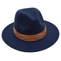 Detail of navy blue wool fedora hat featuring a brown leather band with silver metal studs - M (56-58cm) / Navy Blue