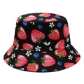 Reversible bucket hat with strawberry and blueberry prints for sun protection - M (56-58cm) / Black Base Strawberry Blueberry Flower Print (12# Color)
