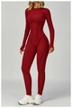 Close-up of contrast stitching on a dark red long-sleeve yoga bodysuit with cutout back - S / Top And Bottom / Burgundy