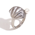 Elegante anillo de concha plateada con perla blanca y cristales brillantes para mujer - US 6 / Color Acero