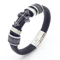 Men's black braided leather bracelet with silver cross pendant and magnetic clasp - 20cm / Brown (KB170742-SJ)
