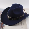 Navy blue wool fedora hat with ethnic woven band and silver bull skull buckle accessory - Tibetan Cloth Bull Head / Navy Blue