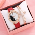 Close-up of Amadi cat dial watch and sparkling star bracelet set in a gift box - Red + Bracelet + Box