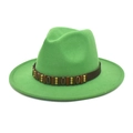 Close-up of emerald green wool fedora with vintage leather band and copper hardware - M (56-58cm) / Grass Green