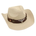 Detail of straw cowboy hat with brown leather band and silver bull head ornament - One Size / Beige