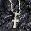 Hip hop gold finish cross pendant necklace featuring shimmering clear rhinestones on rock - Gold Pendant + 16 Inch Tennis Chain