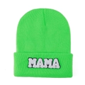 Neon green knitted beanie hat with MAMA towel embroidery patch for women - Fluorescent Green