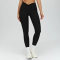 High-waisted V-cross black yoga leggings with a matte finish for workout and fitness - S / Premium Black