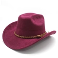 Macro detail of wide-brimmed suede fedora featuring brown braided band and side tassel - M (56-59cm) / Wine Red (Faux Suede)