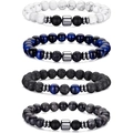 Men's 8mm beaded bracelet set featuring turquoise, tiger eye, and volcanic stone - 4Pcs Howlite+Blue Tiger Eye+Lava+Flash Set