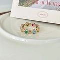 Golden ring with colorful heart-shaped gemstones in pink, emerald, and blue hues - Adjustable Open / Heart Multi-color Row Style (J3289)