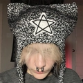 Handmade striped cat ear beanie in black and white with star embroidery details - Black White Star