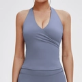 Halter V-neck yoga sports vest in dusty blue with cross-wrap design for women - Dusty Blue