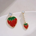 Asymmetric strawberry earrings in gold metal with red enamel, pearls and zircon accents - Red Strawberry