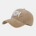 Vintage washed cotton baseball cap in brown with white MOM embroidery for casual style - Soft Top Solid MOM Khaki
