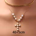 Double-layered gold chain necklace with white faux pearls and a pearl cross pendant for women - Cross Pearl Double Layer Style