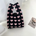 Cute knitted tote bag with pink heart jacquard pattern on black background - Contrast Heart Black Pink