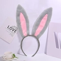 Close-up of soft gray and pink plush rabbit ear headband on a lavender background - Grey Headband